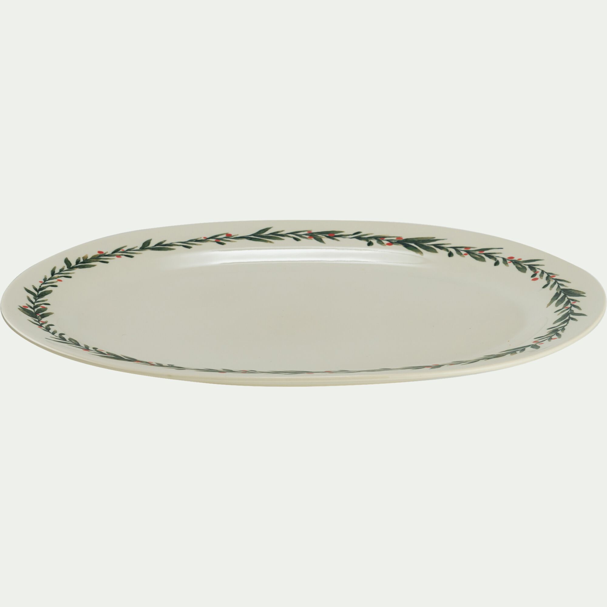 HOUX - Plat ovale avec motif houx en grès L40cm - blanc