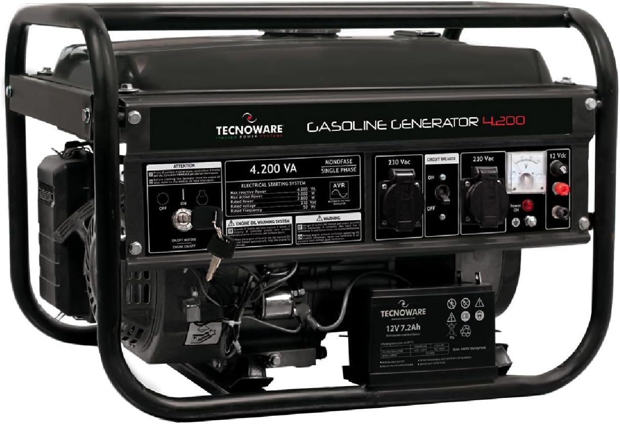 Tecnoware Power Systems - Generatore di corrente 4200VA, Monofase, Benzina, Basso Rumore, Avviamento Elettrico/Manuale, AVR, Serbatoio 15L, Ideale per Campeggio e Cantieri, Nero, 4200 VA