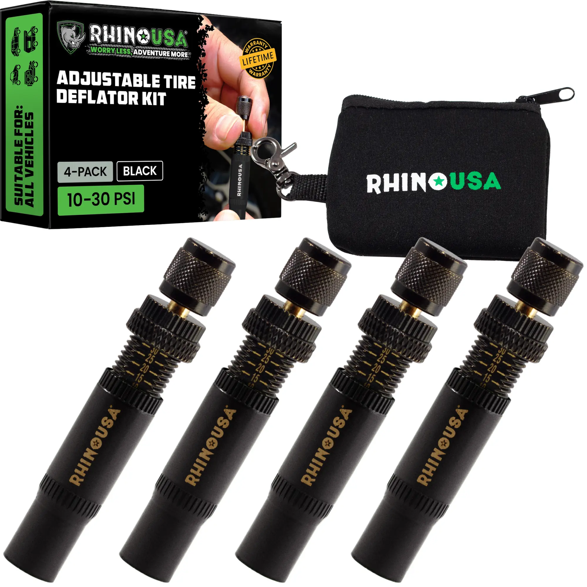 Rhino USA Adjustable Tire Deflator Kit (10-30 PSI) Ultimate Screw-on Automatic Tire Deflators, Quick & Easy Air Down System for The Trails (4-Pack)