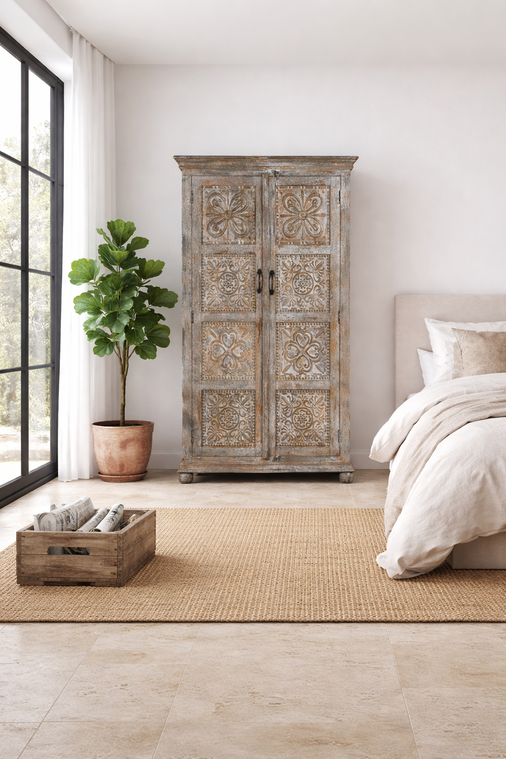 Ava - Handgesneden Mangohouten Kast Vintage