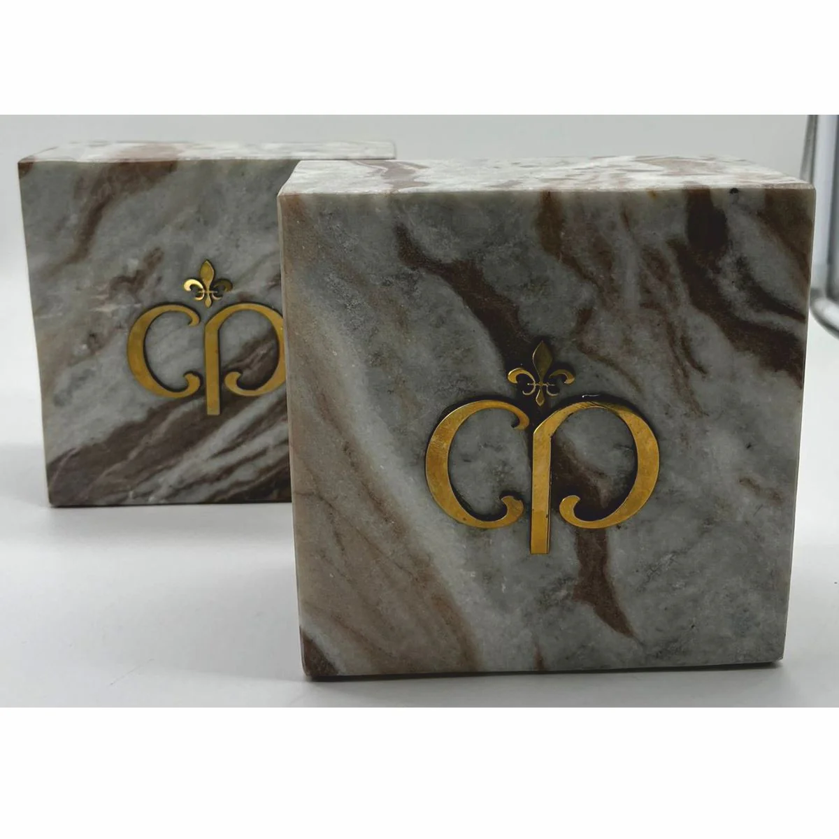 Luxury marble decorative bookends set grey-brown / gold