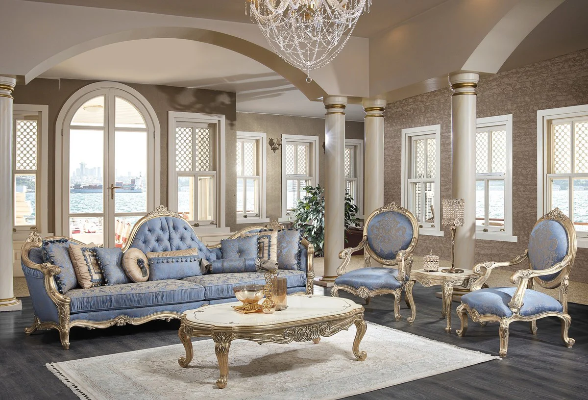 Luxury Baroque Living Room Set - 1 Chesterfield Sofa & 1 Coffee Table & 2 Salon Chairs & 1 Side Table - Baroque Living Room Furniture