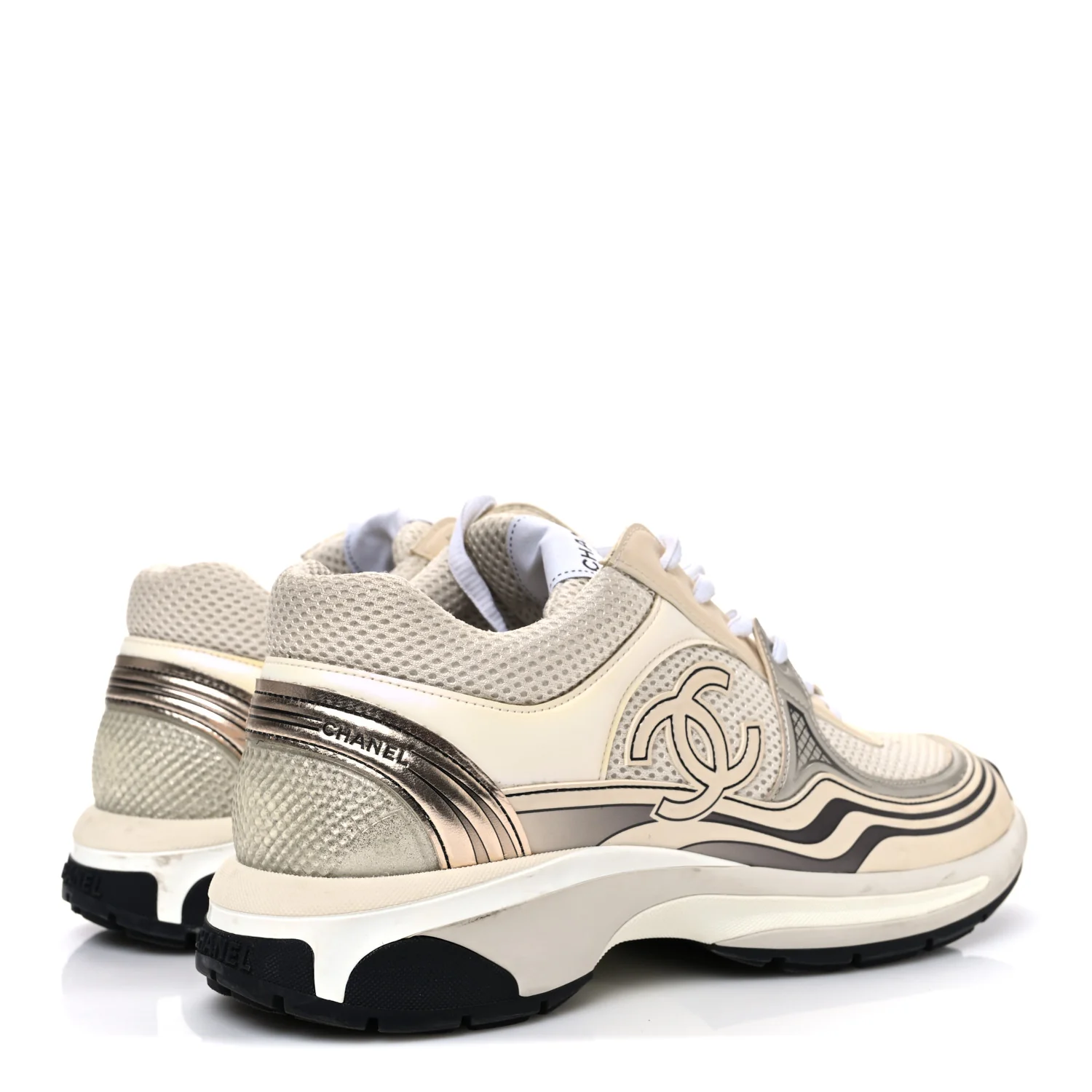 Fabric Laminated Calfskin Stretch CC Sneakers 41 Ivory White Silver - Top Club