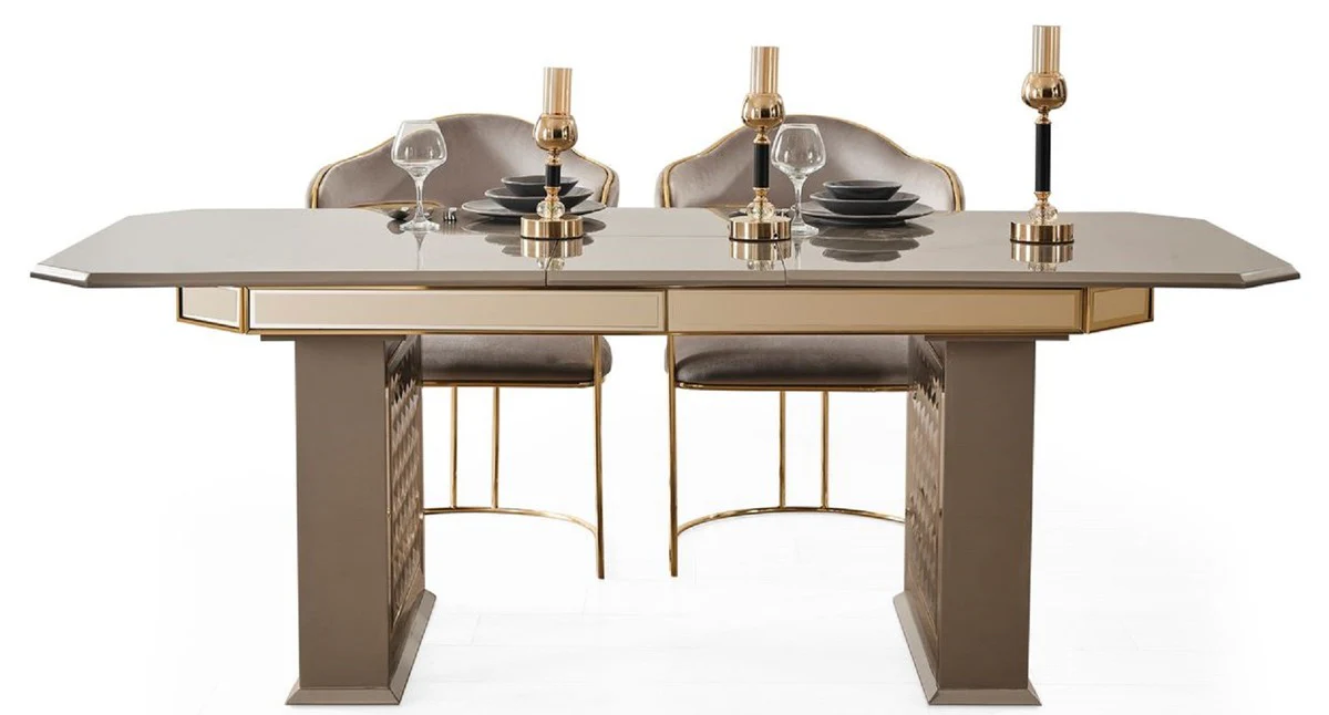 Luxury Art Deco Dining Room Set Gray / Gold - 1 Extendable Dining Table & 6 Dining Chairs with Armrests - Dining Room Furniture - Art Deco Furniture - Luxury Furniture - Art Deco Furnishings