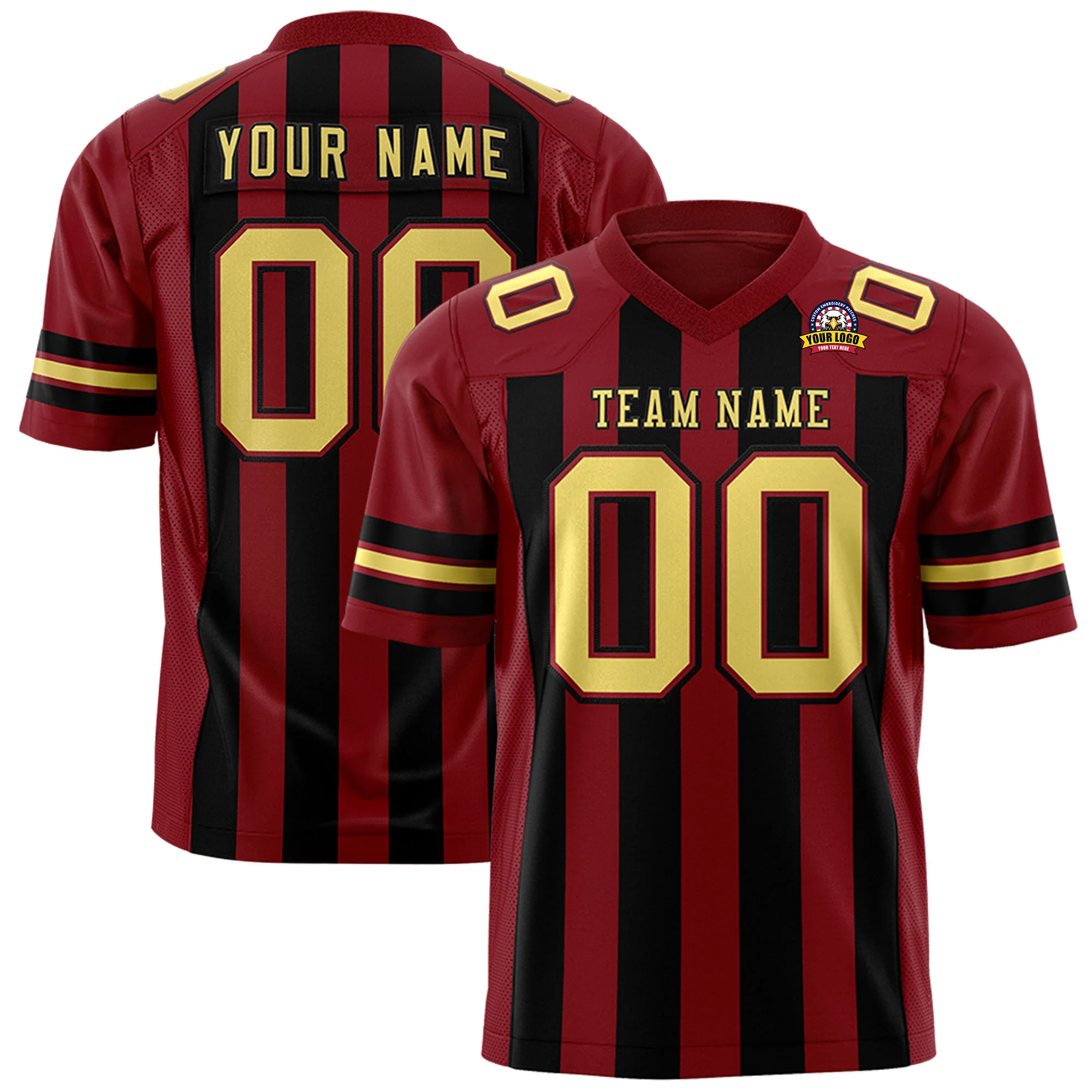 Custom Crimson Black-Old Gold Mesh Stripe Football Jersey