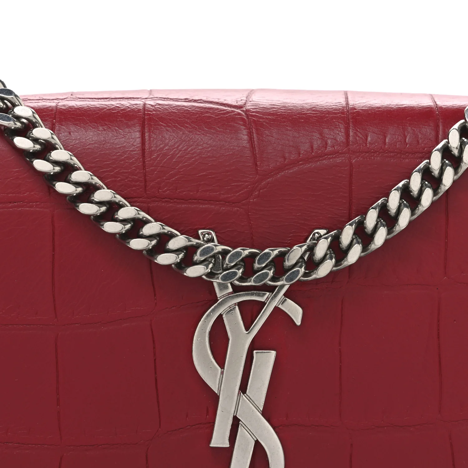 Calfskin Crocodile Embossed Small Classic Monogram Kate Tassel Satchel Red - Top Club