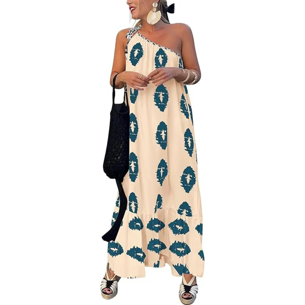 PrettyGarden Women's One Shoulder Spaghetti Strap Printed A Line Flowy Boho Maxi Long Sundress