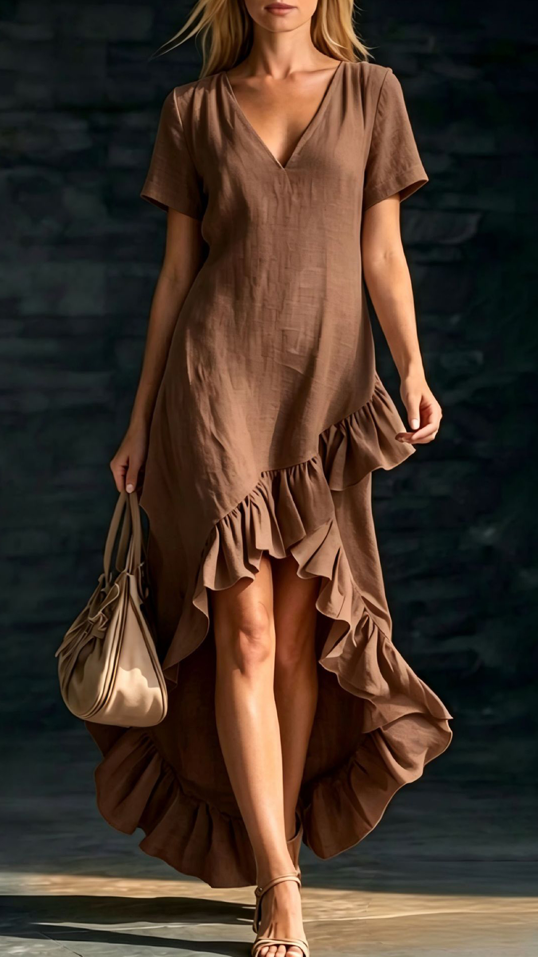 Women's Cotton-Blend Ruffled V-Neck Dress - Nordfashionstorm - Women's Clothing, Fashion for You - Nordfashionstorm.com