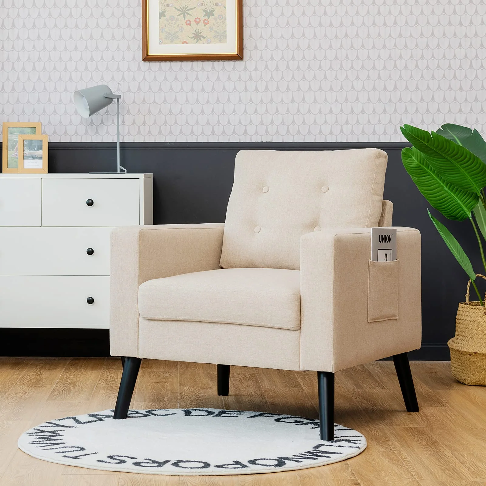 BEFOUNDLOVELY Modern Accent Chair, Mid-Century Upholstered Armchair Club Chair with Rubber Wood Legs