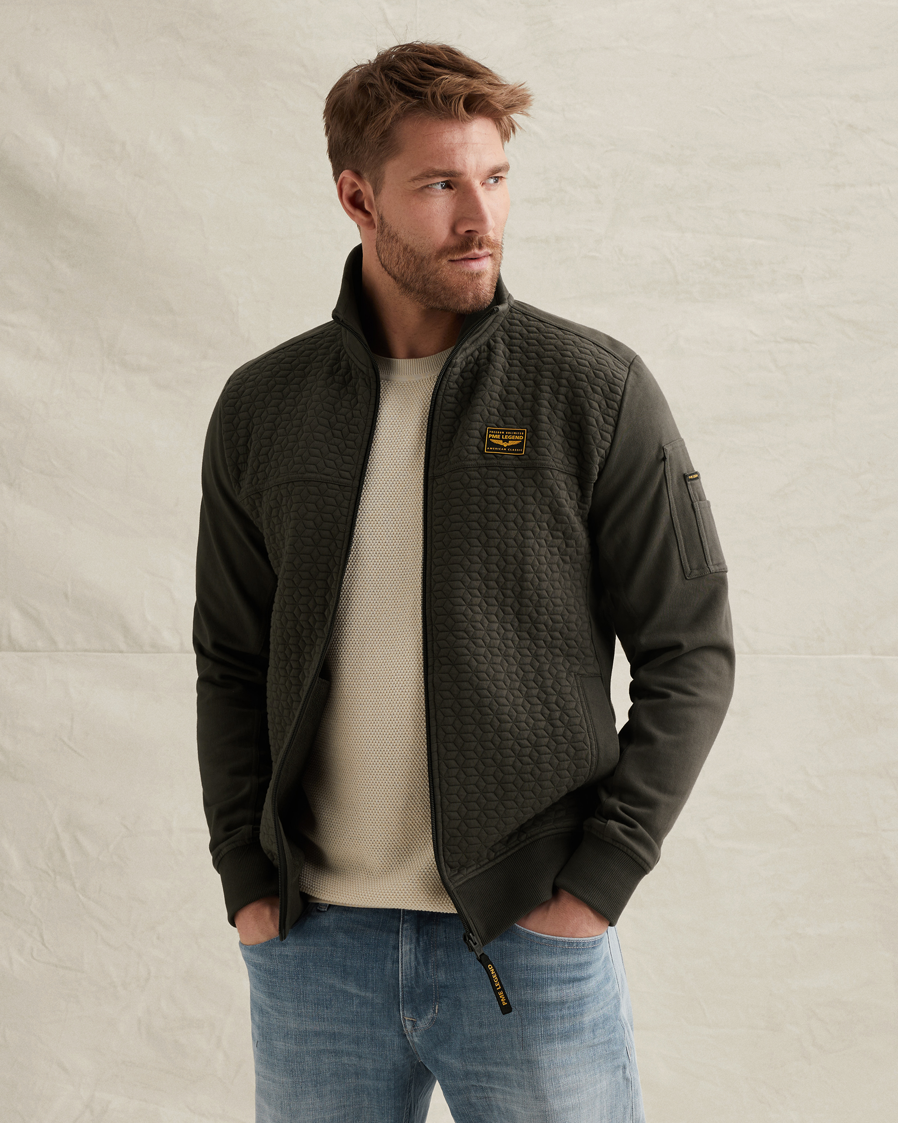 Sweat jacket with textures and flight pocketx