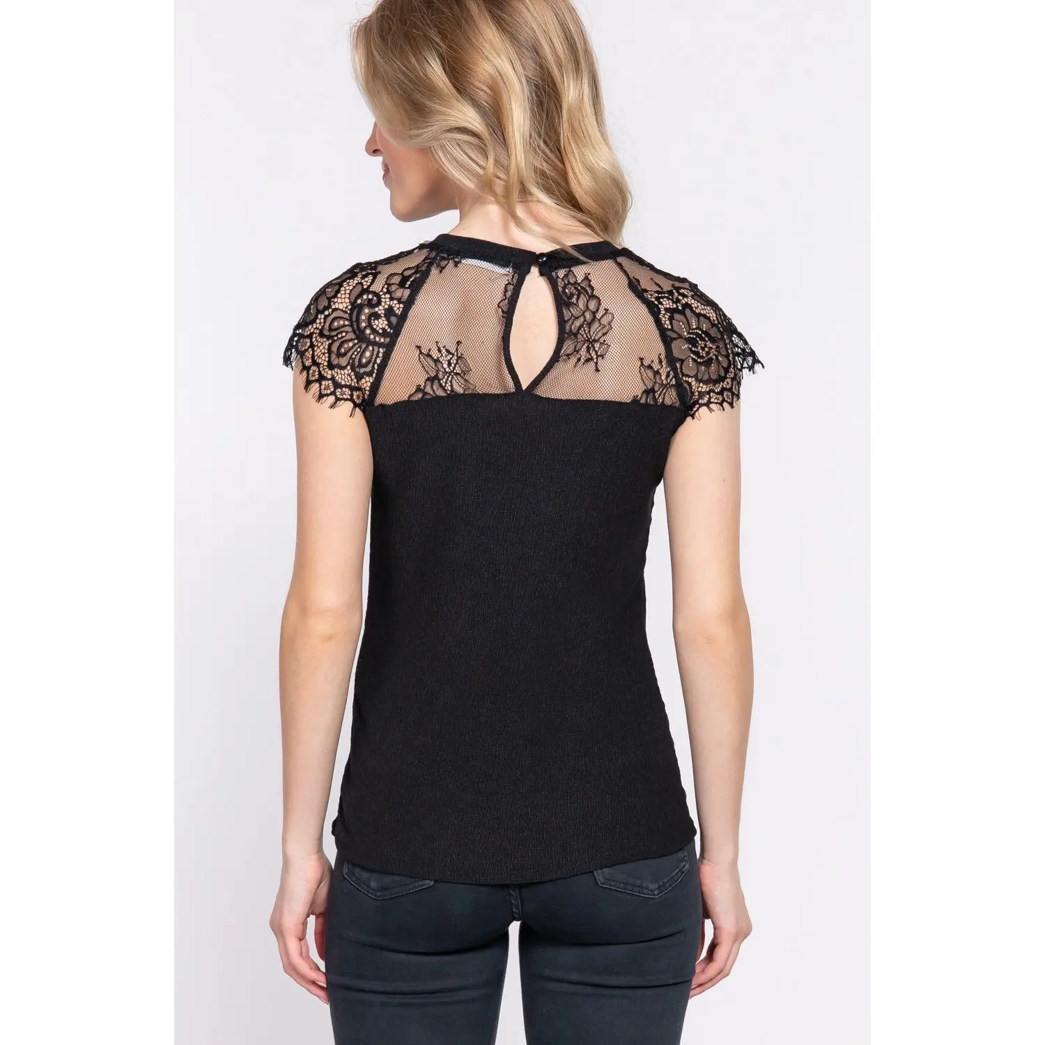 Midnight Madness Lace Ruffle Sleeve Crew Neck Sweetheart Top - ALJEGJ
