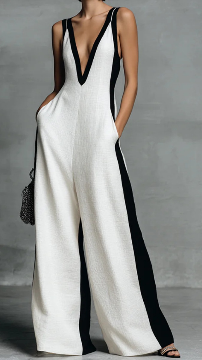 Women's Fashion Black and White Cotton Linen Color Block Thin Strap Jumpsuit - Nordfashionstorm - Women's Clothing, Fashion for You - Nordfashionstorm.com