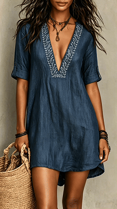 Women's Cotton-Blend Embroidered V-Neck Midi-Sleeve Dress - Nordfashionstorm - Women's Clothing, Fashion for You - Nordfashionstorm.com