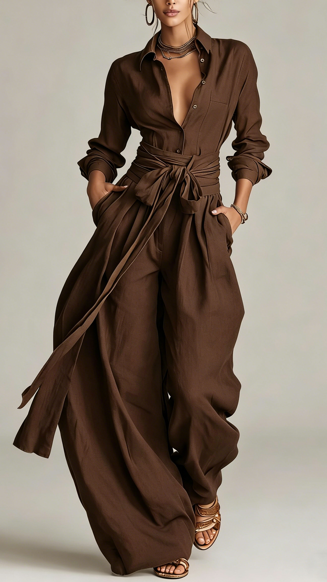 Women's  Cotton-Linen Shirt & Wide-Leg Pants Set with Belt - Nordfashionstorm - Women's Clothing, Fashion for You - Nordfashionstorm.com
