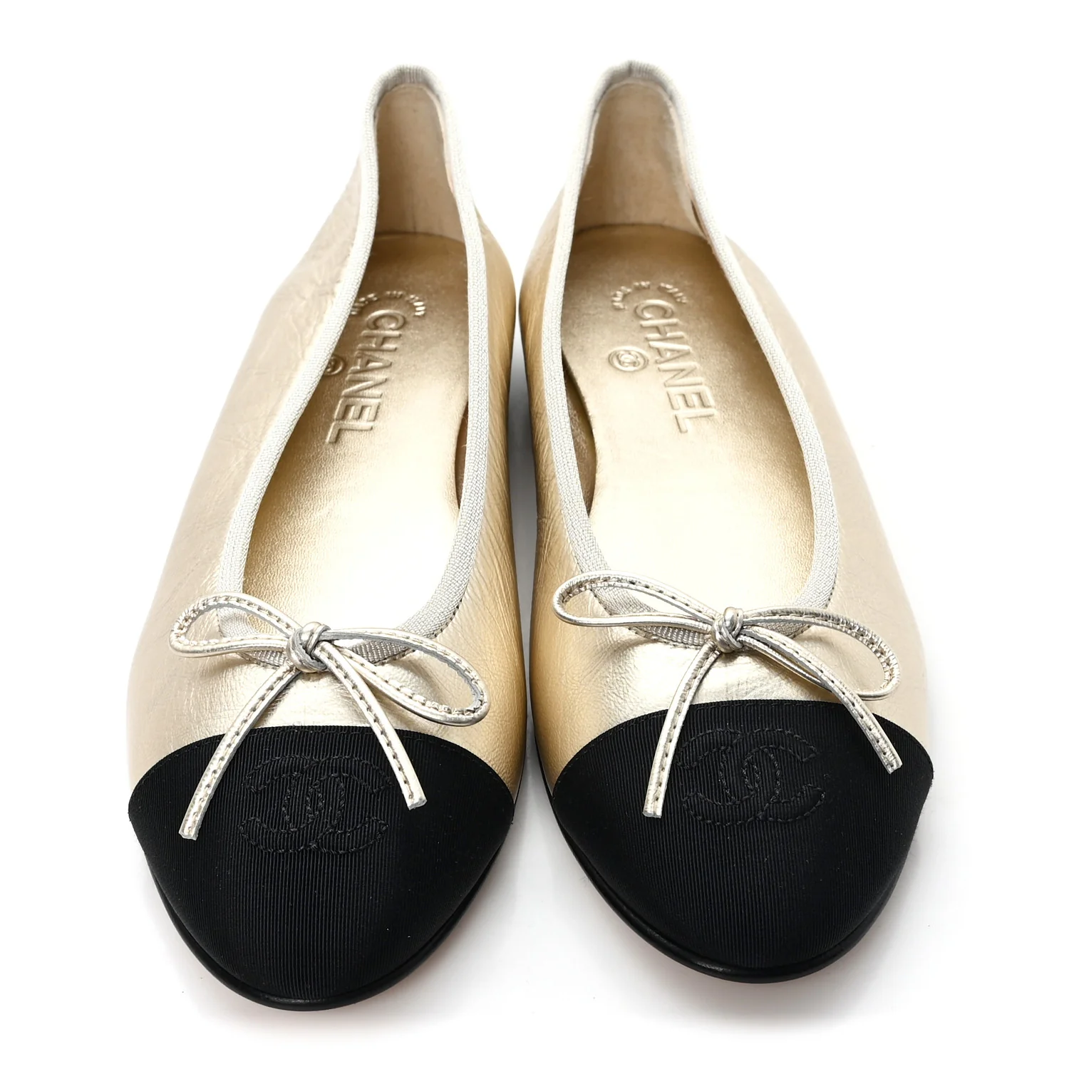 Metallic Laminated Lambskin Grosgrain CC Cap Toe Ballerina Flats 39 Light Gold Black - Top Club