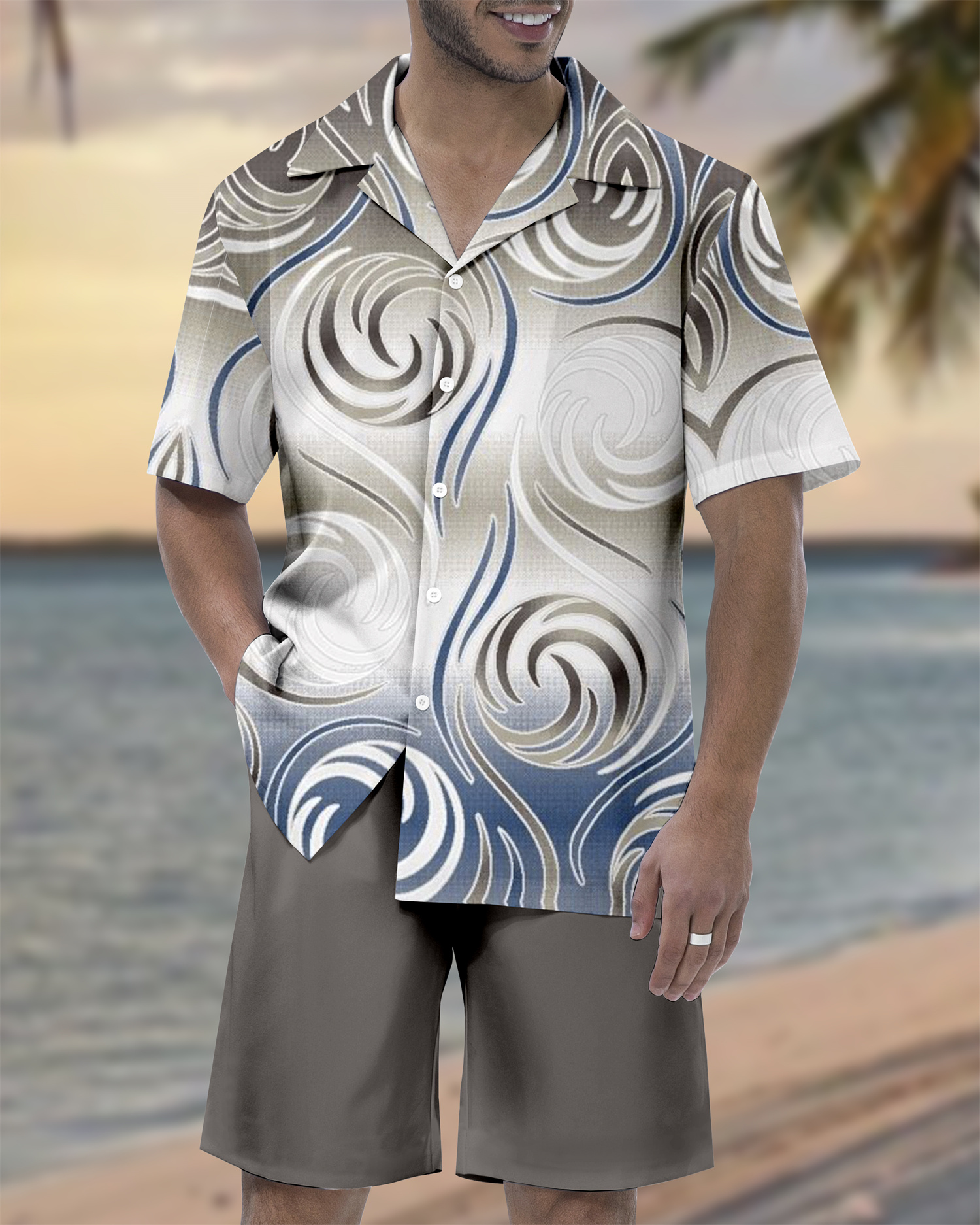 Suitmens Men's Abstract Art Contrast Geometric  Print Short Sleeve Set 133