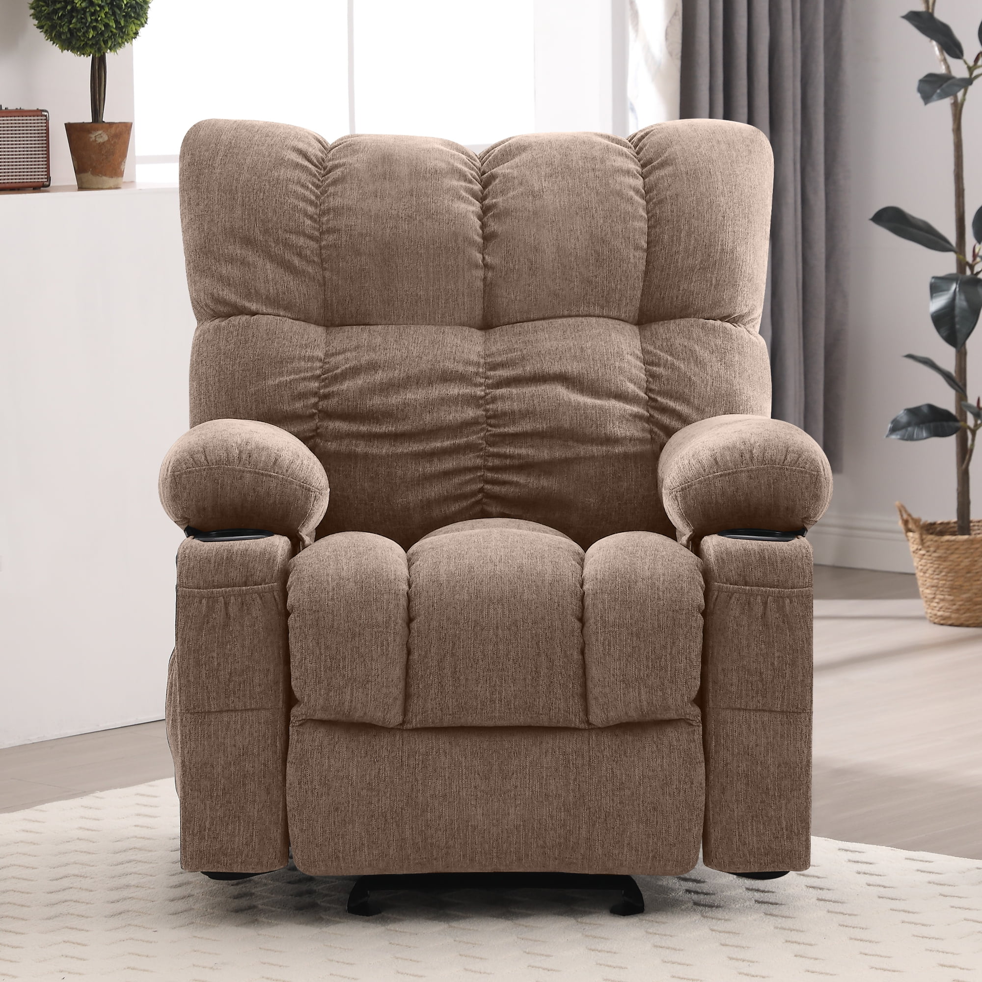 JONPONY Manual Recliner Chair with Heat Therapy and Massage Function, Heavy Duty Reclining Mechanism Massage Chair, Elderly Single Rocker Sofa with Cup Holders for Bedroom Home Theater, Grey