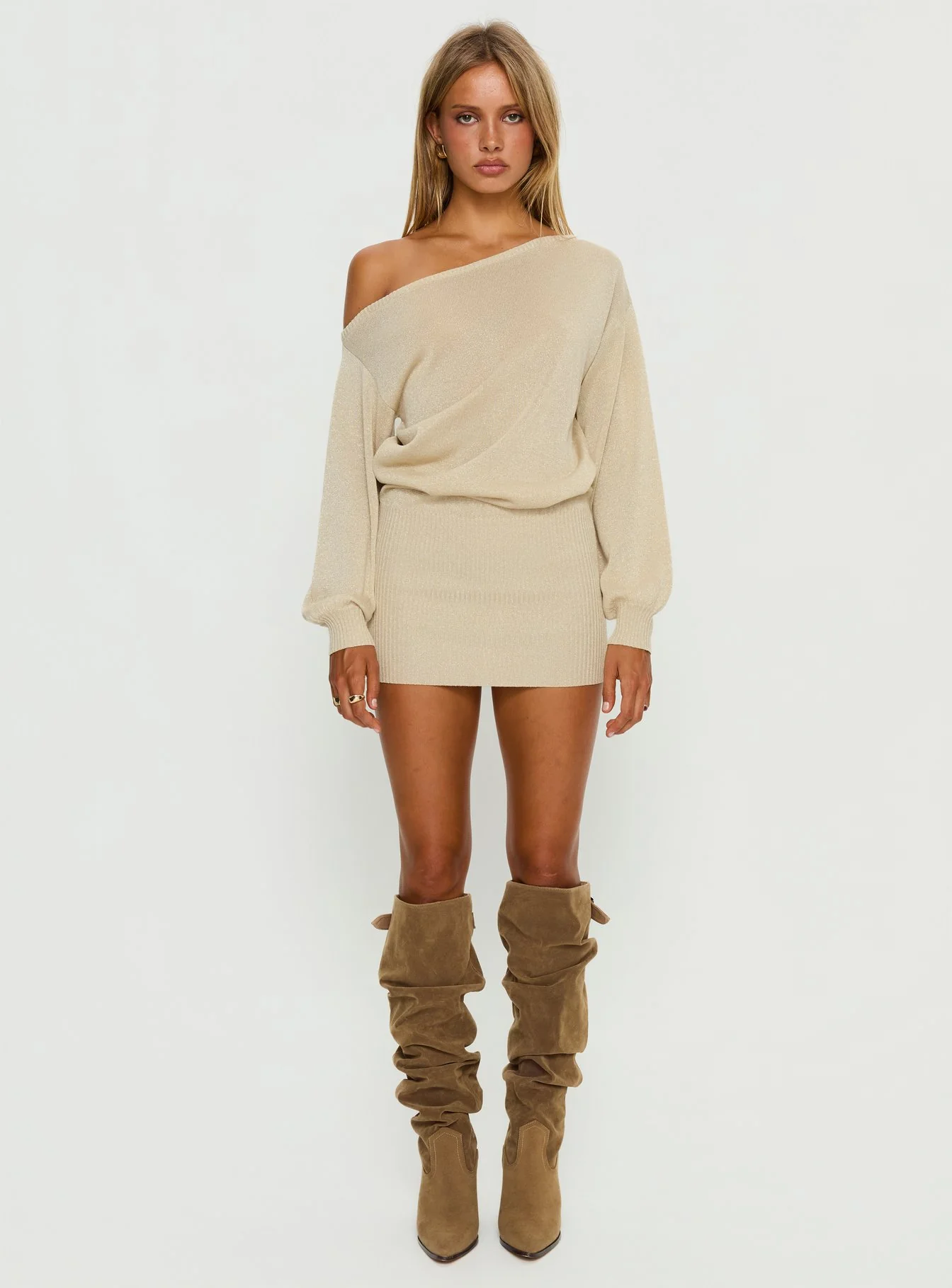 Johannah Off Shoulder Long Sleeve Knit Mini Dress Gold