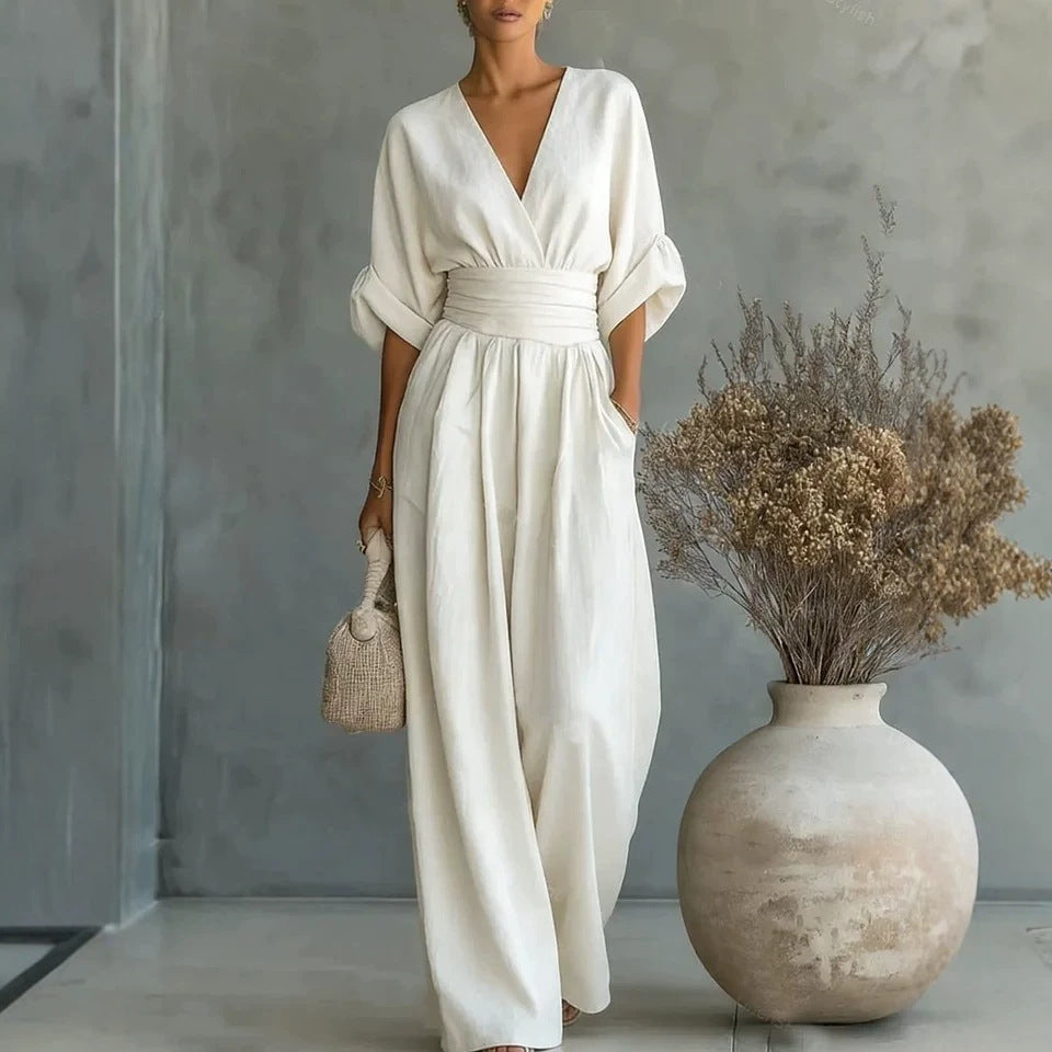 Women's Solid-Color V-Neck Jumpsuit - Nordfashionstorm - Women's Clothing, Fashion for You - Nordfashionstorm.com