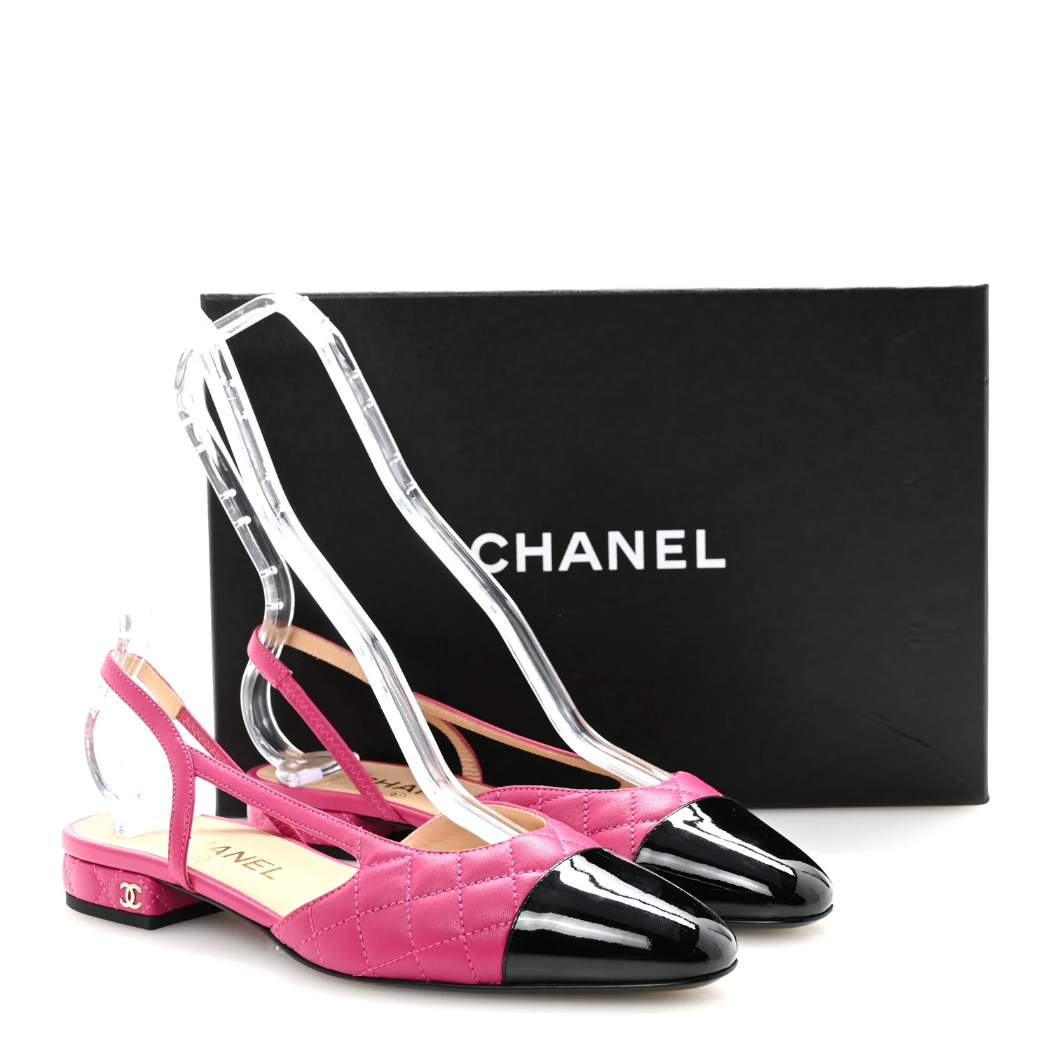 Lambskin Patent Cap Toe CC Slingback Flats 37.5 Fuchsia Black - Top Club