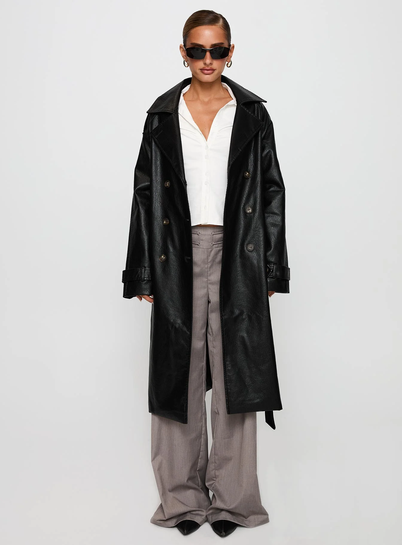Think Later Faux Leather Trench Coat Black