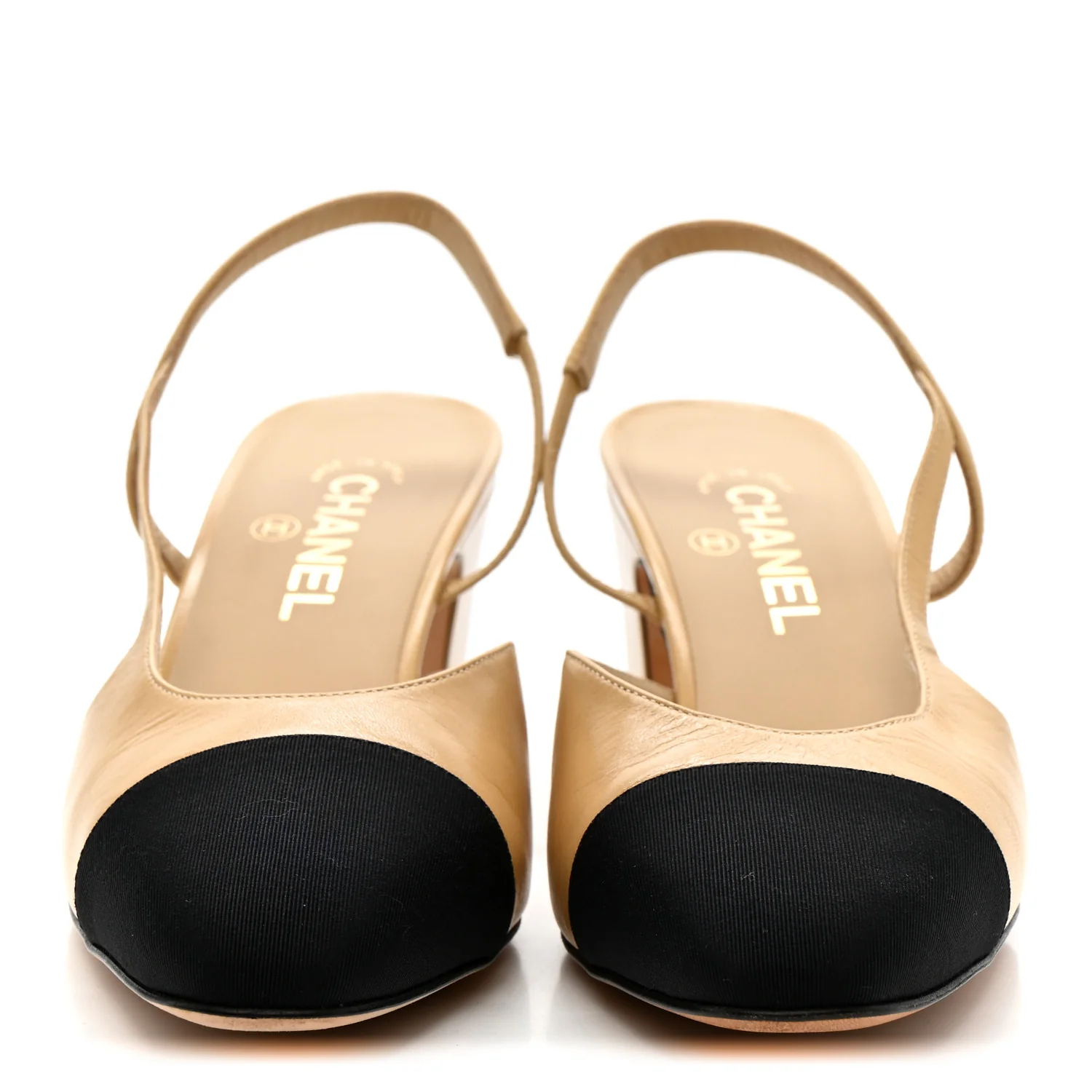 Goatskin Grosgrain Cap Toe CC Slingback Pumps 41 Beige Black - Top Club