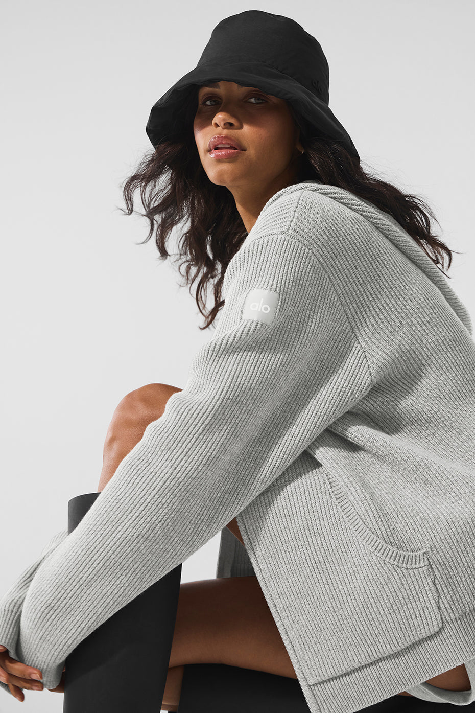 COACH Domain Rib Knit Full Zip Sweater