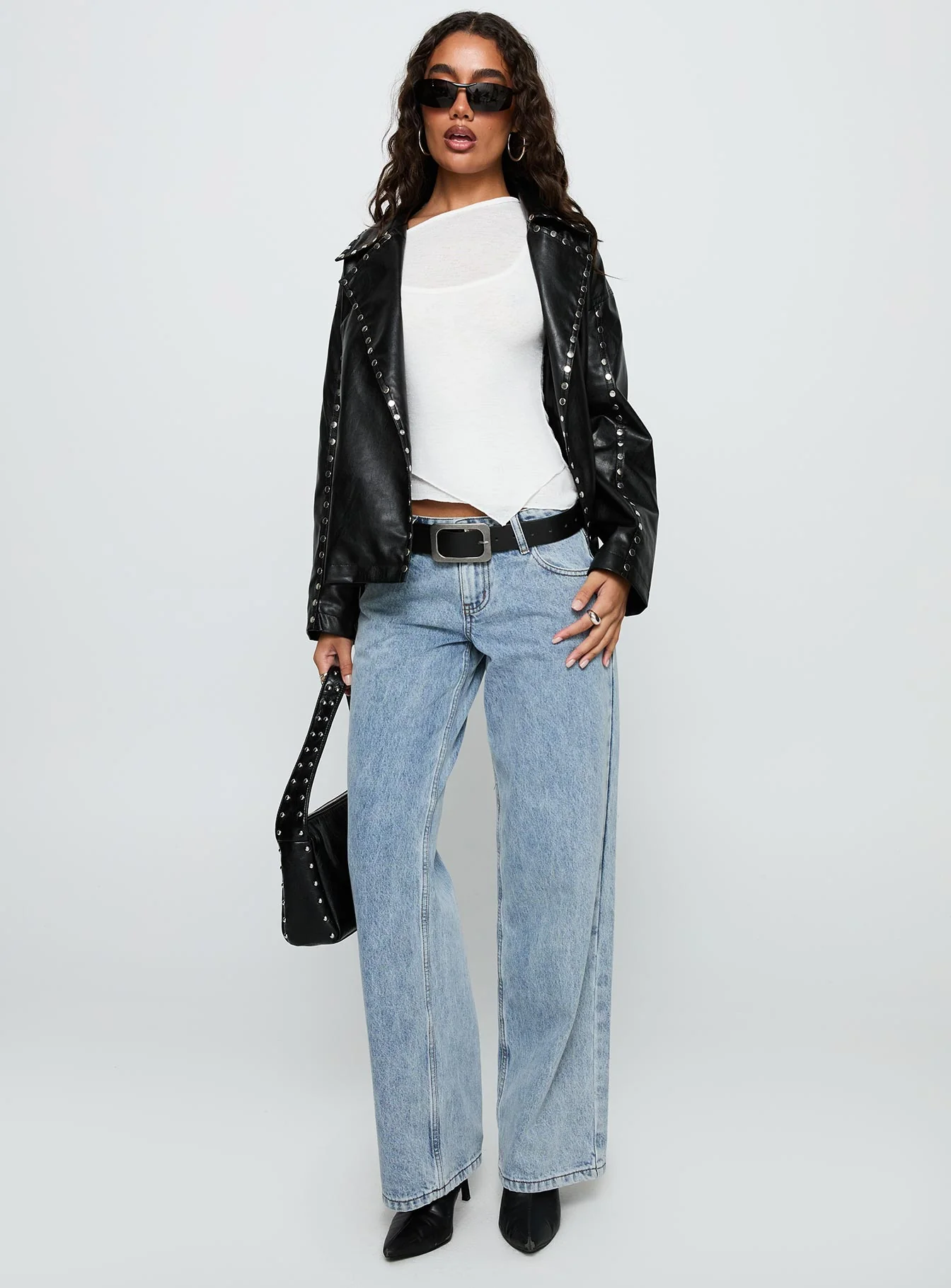 Kaeden Faux Leather Stud Detail Biker Jacket Black