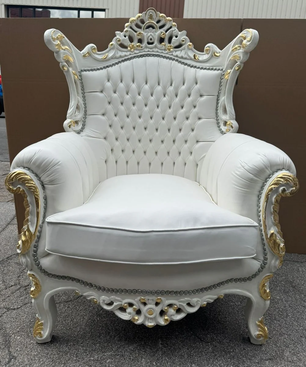 Baroque faux leather armchair white / gold H. 127 cm - Baroque style furniture