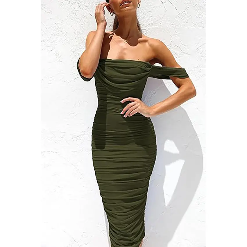 PrettyGarden Women's Summer Midi Dress Off Shoulder Ruched Bodycon Dresses Sleeveless Fitted Party Club Cocktail Womenswear