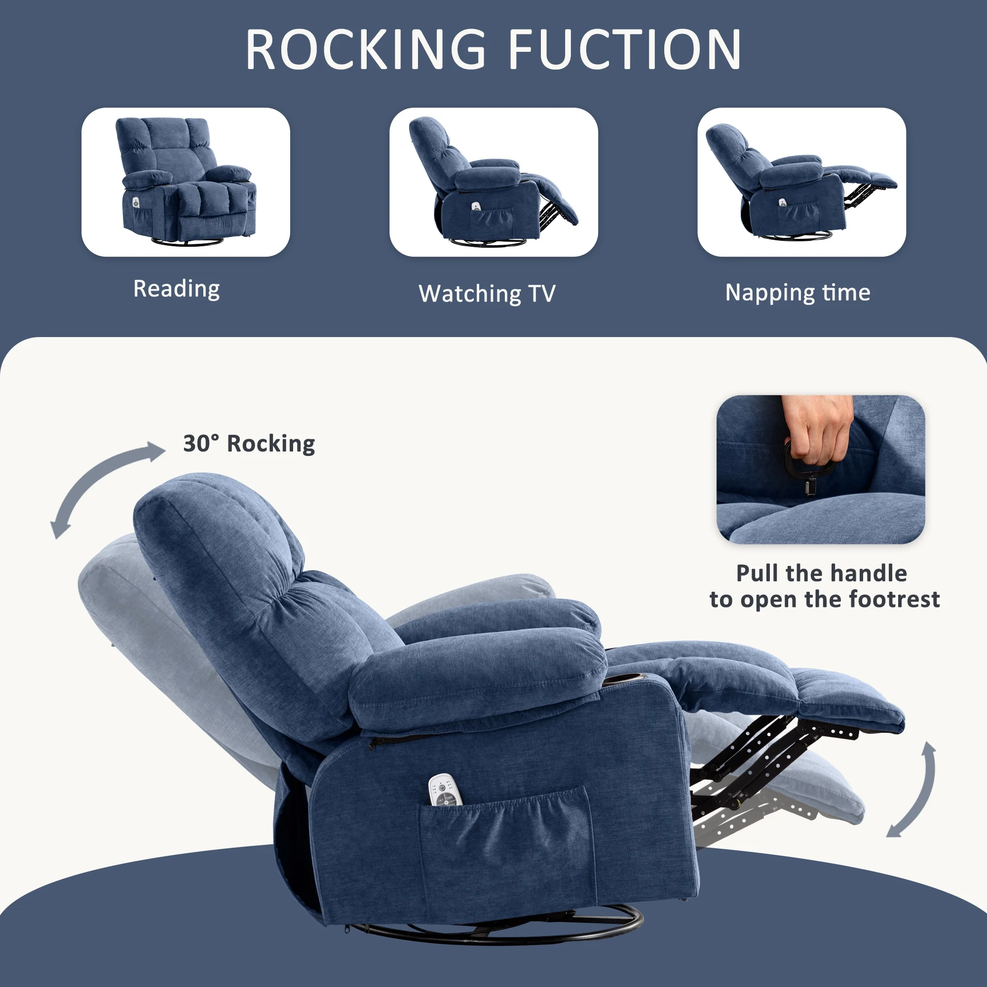 JONPONY Manual Recliner Chair with Heat Therapy and Massage Function, Heavy Duty Reclining Mechanism Massage Chair, Elderly Single Rocker Sofa with Cup Holders for Bedroom Home Theater, Grey