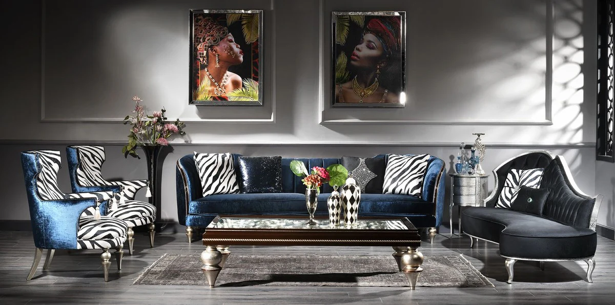 Luxury baroque coffee table dark brown / antique silver 167 x 92 x H. 48 cm - magnificent solid wood living room table with glass top - luxury quality