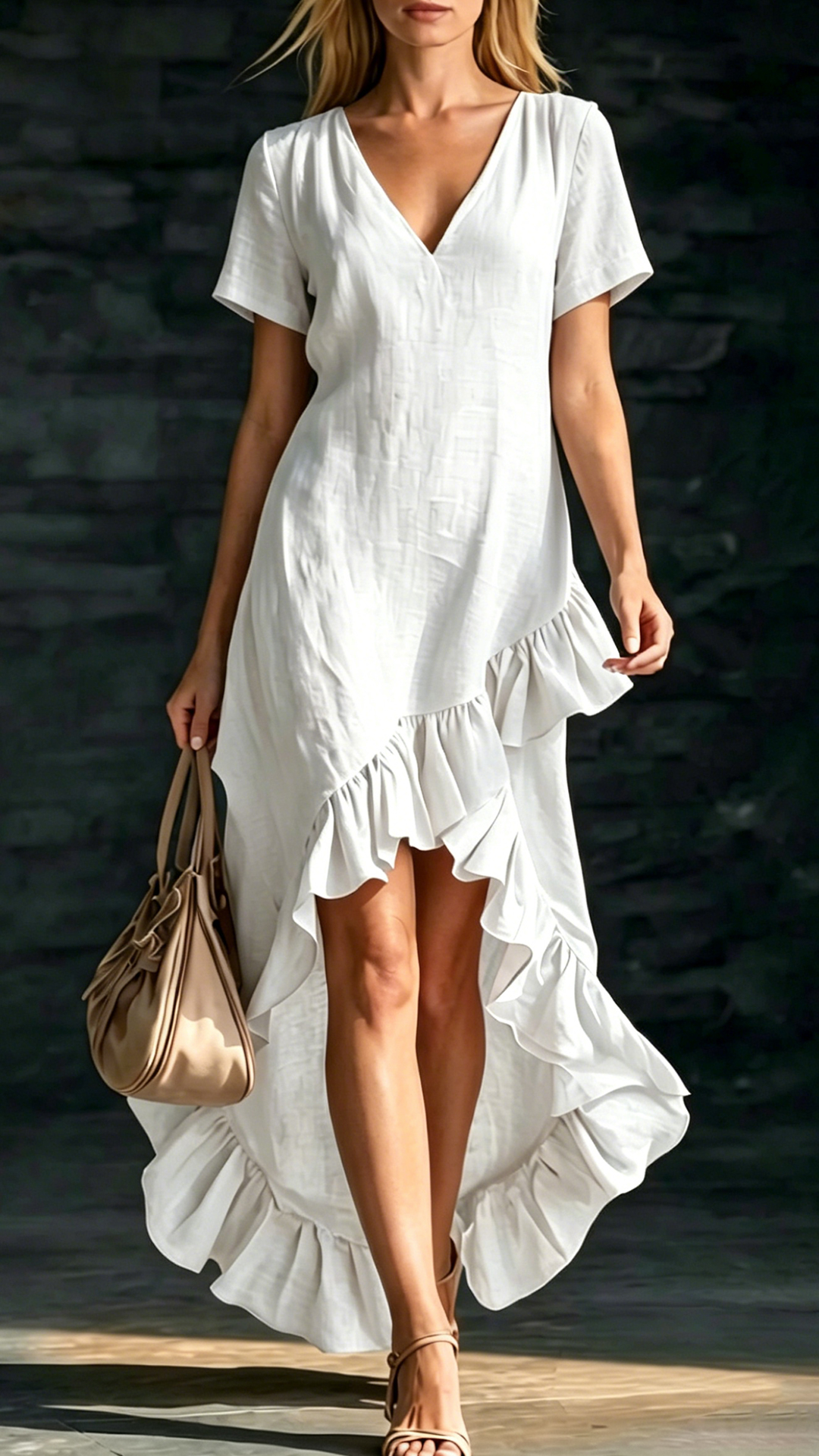 Women's Cotton-Blend Ruffled V-Neck Dress - Nordfashionstorm - Women's Clothing, Fashion for You - Nordfashionstorm.com