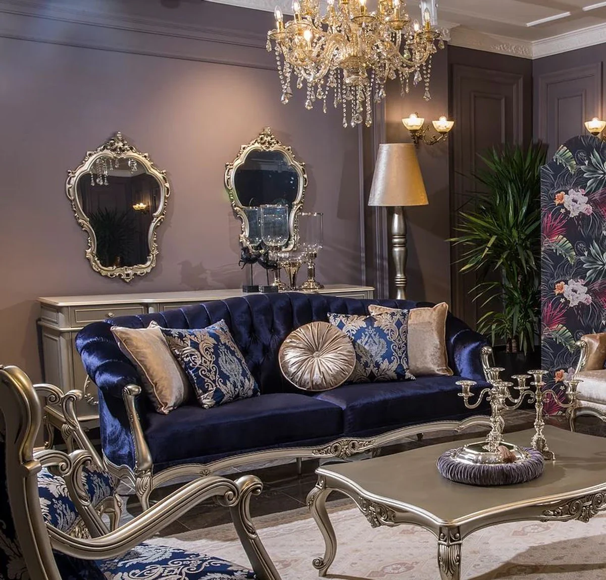 Luxury baroque living room set blue / pink / silver - 2 baroque sofas & 2 baroque armchairs & 1 baroque coffee table - living room furniture in baroque style - baroque furniture - baroque furnishings