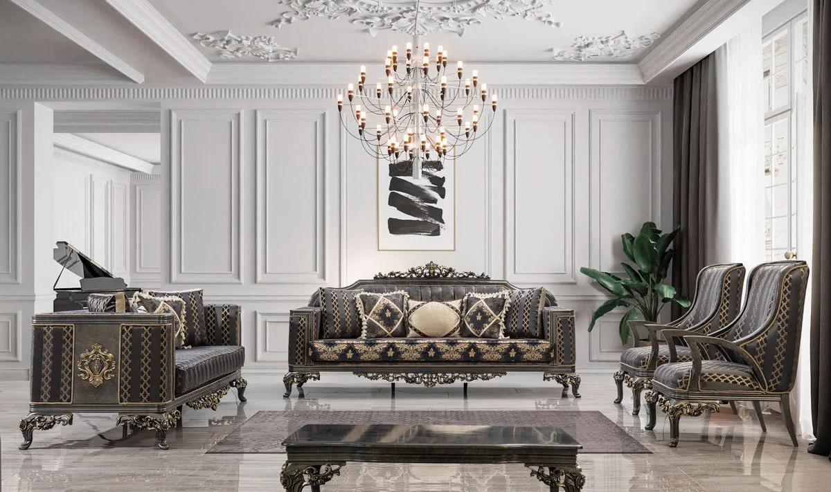 Luxury baroque sofa purple / gray / gold - baroque style living room sofa with elegant pattern - luxury living room furniture in baroque style - baroque furnishings - baroque furniture