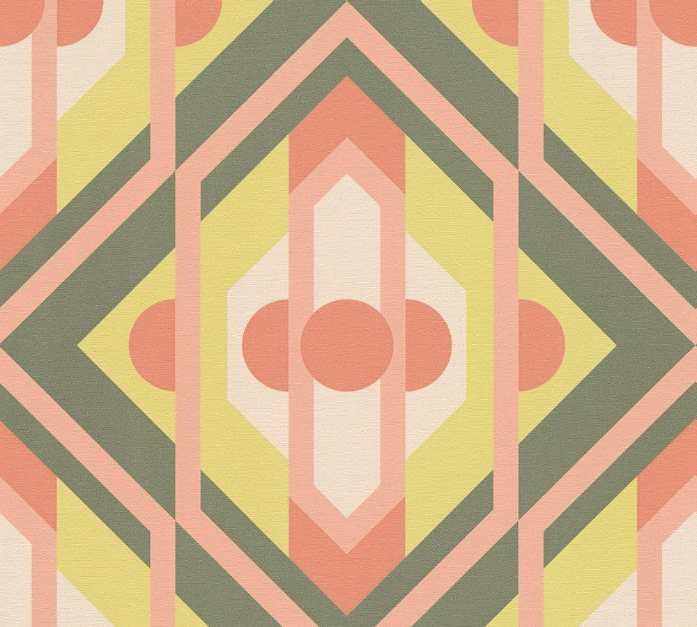 Retro behang licht gestructureerd met geometrische ornamenten – groen, oranje, rood Licht gestructureerd retrobehang met geometrische ornamenten – groen, oranje, rood #1