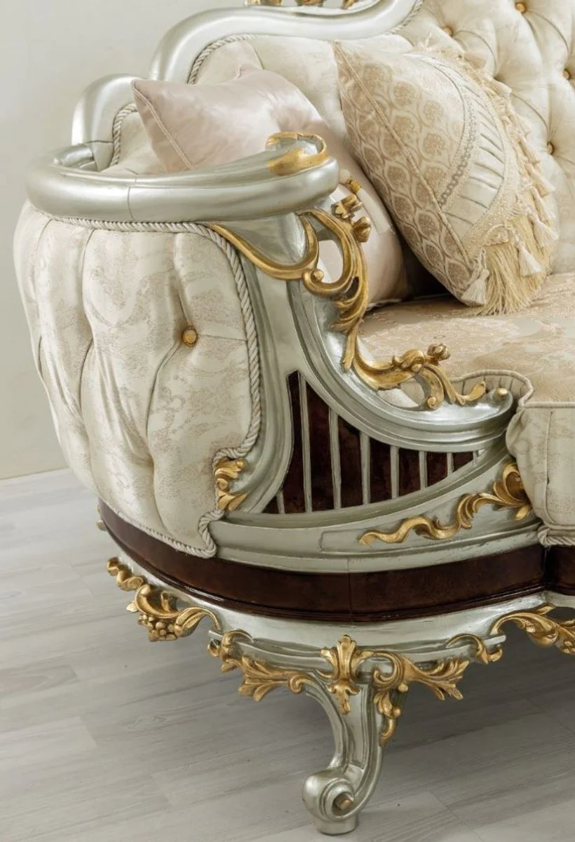 Luxury Baroque Living Room Set Cream / Beige / Dark Brown / Silver / Gold - 2 Sofas & 2 Armchairs & 1 Coffee Table - Living Room Furniture in Baroque Style - Noble & Magnificent