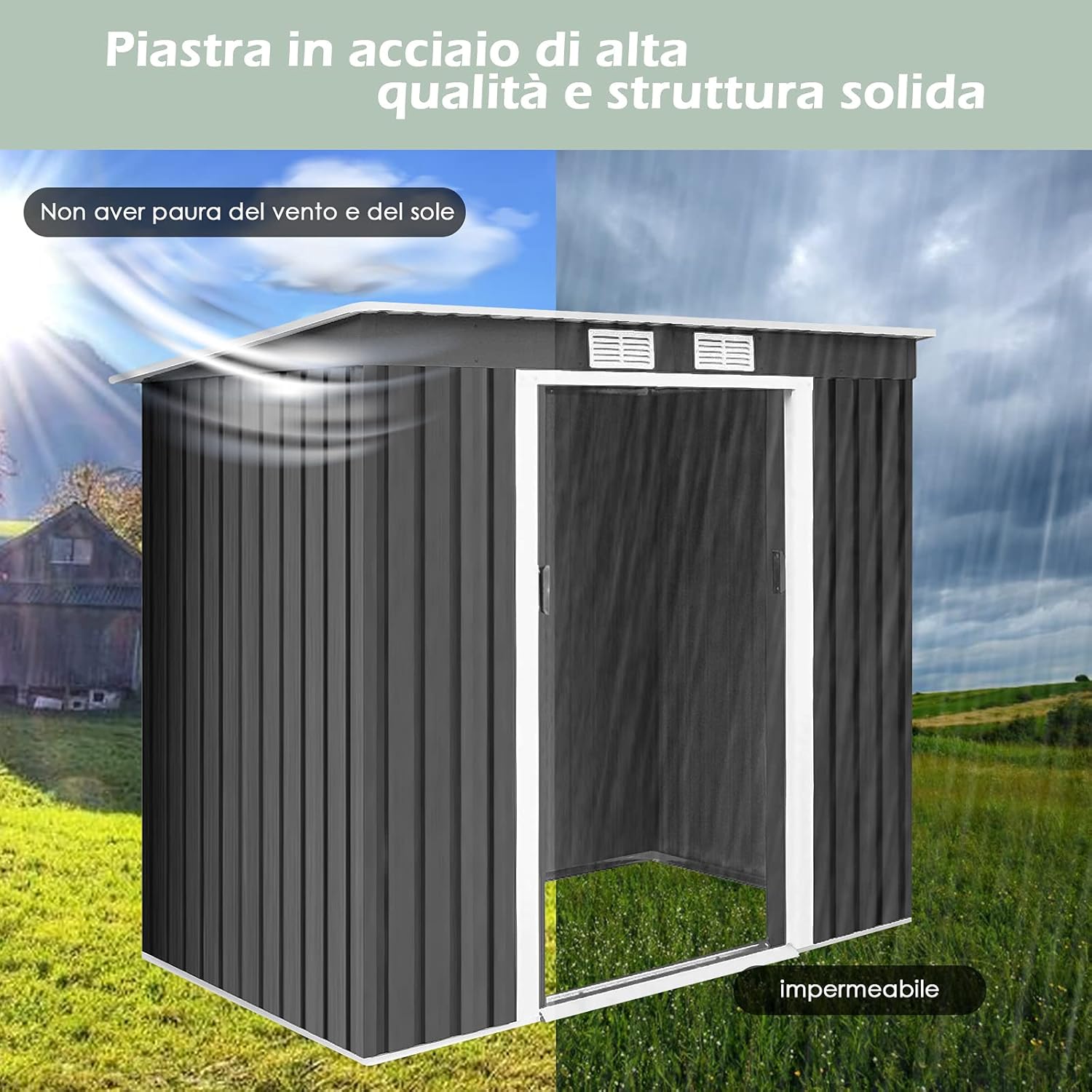 RELAX4LIFE Casetta da Giardino per Attrezzi 213×130×173 cm, in Lamiera d'Acciaio e e Lamiera Zincata con Doppie Porte Scorrevoli, Tetto Inclinato, per Porta Attrezzi, Tosaerba