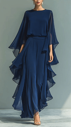 Chiffon Ruffled Bell Sleeve Straight Leg Trousers Set - Nordfashionstorm - Women's Clothing, Fashion for You - Nordfashionstorm.com