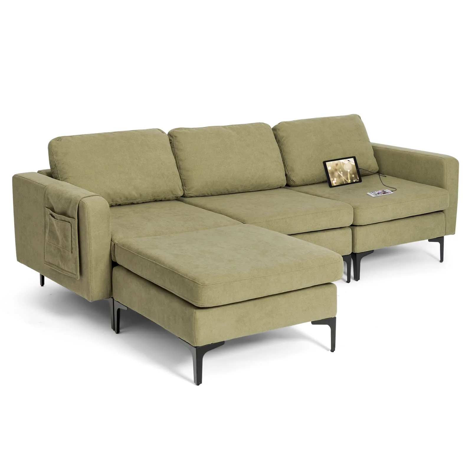 BEFOUNDLOVELY Convertible Sectional Sofa Couch, 3-Seat L Shaped Couch with Reversible Ottoman, Built-in Socket & USB Ports