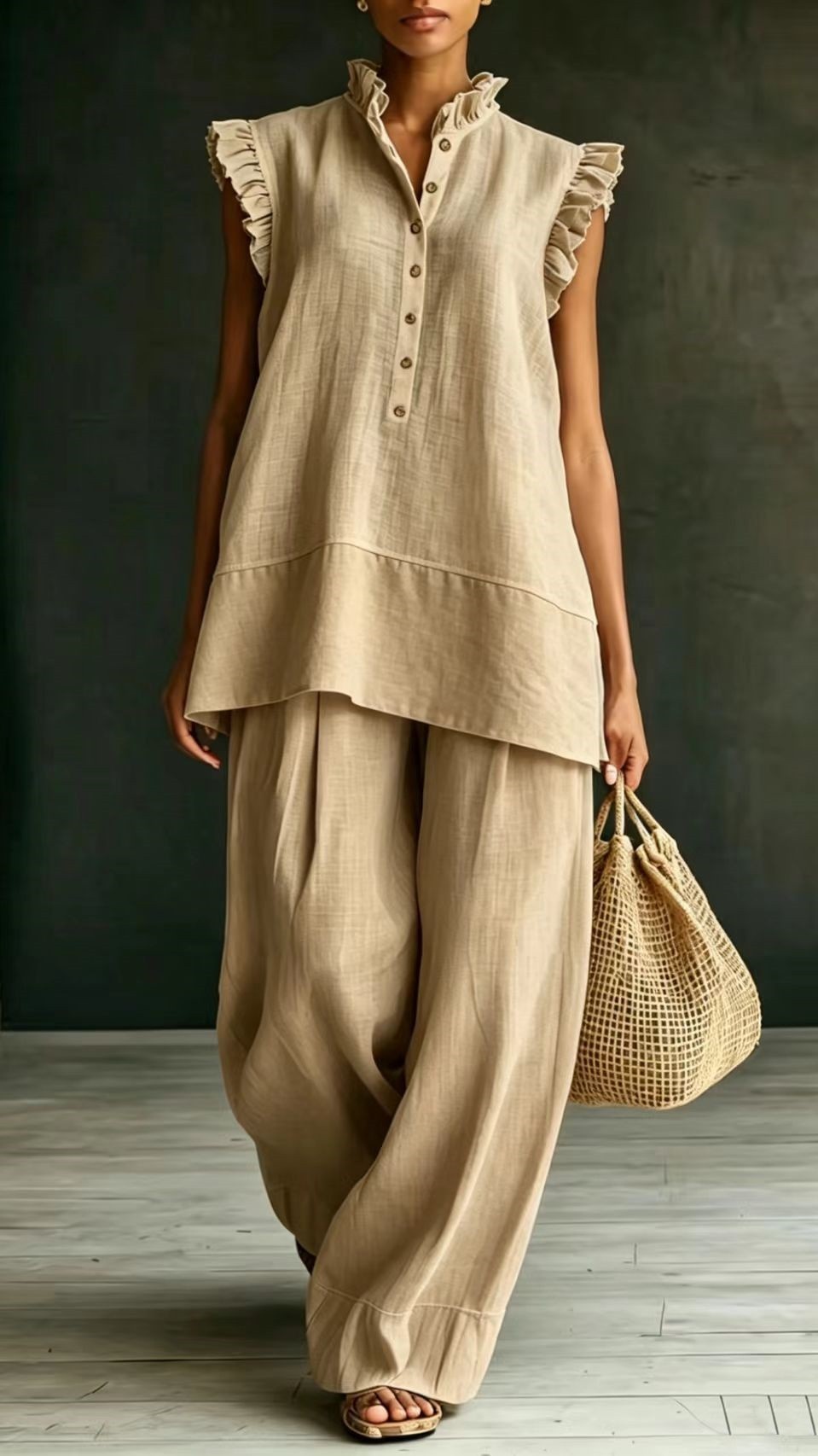 Women's Ruffled Sleeveless Shirt and Loose-Fit Trousers Two-Piece Set - Nordfashionstorm - Women's Clothing, Fashion for You - Nordfashionstorm.com