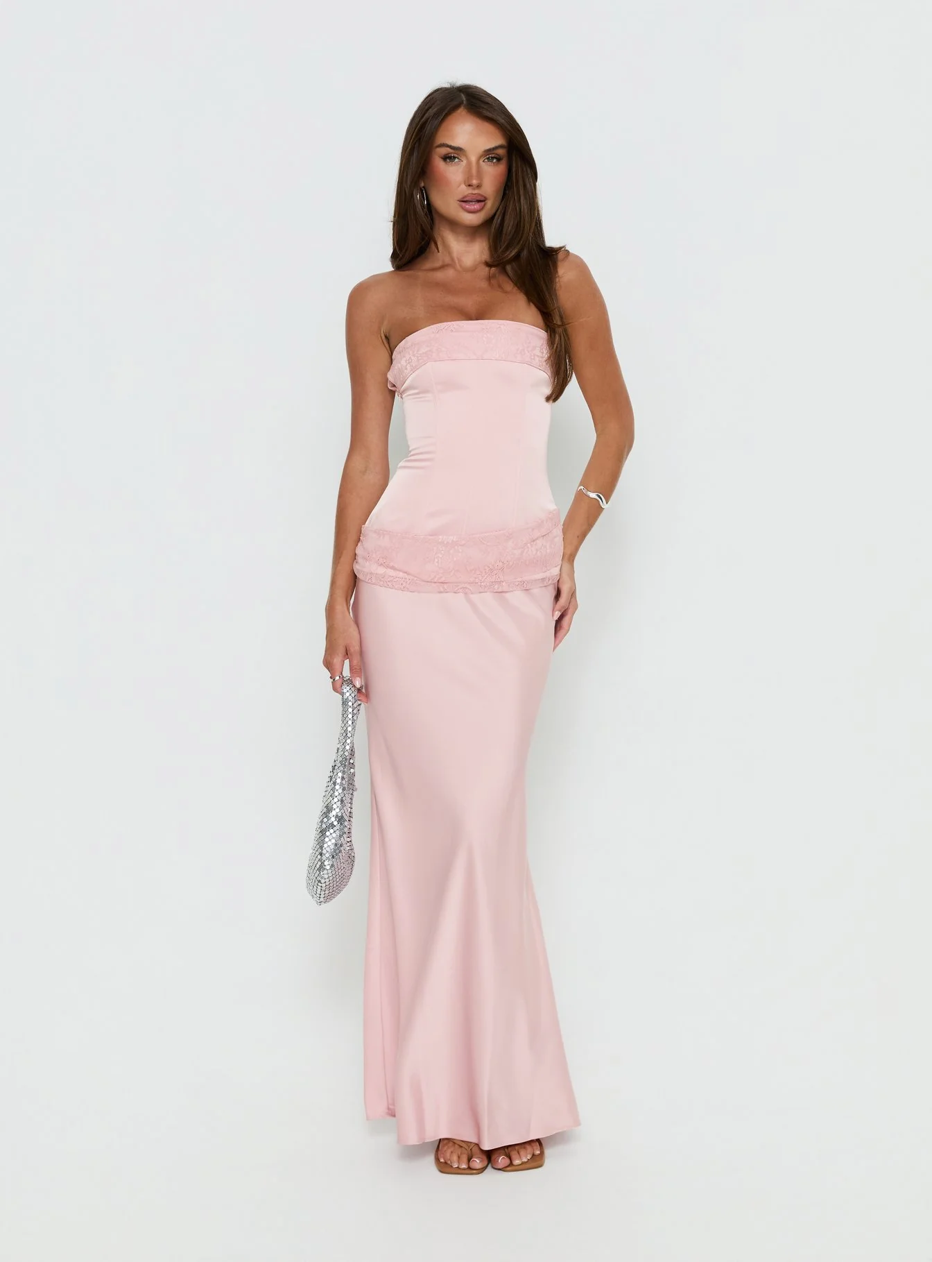 Sura Strapless Lace Detail Maxi Dress Pink