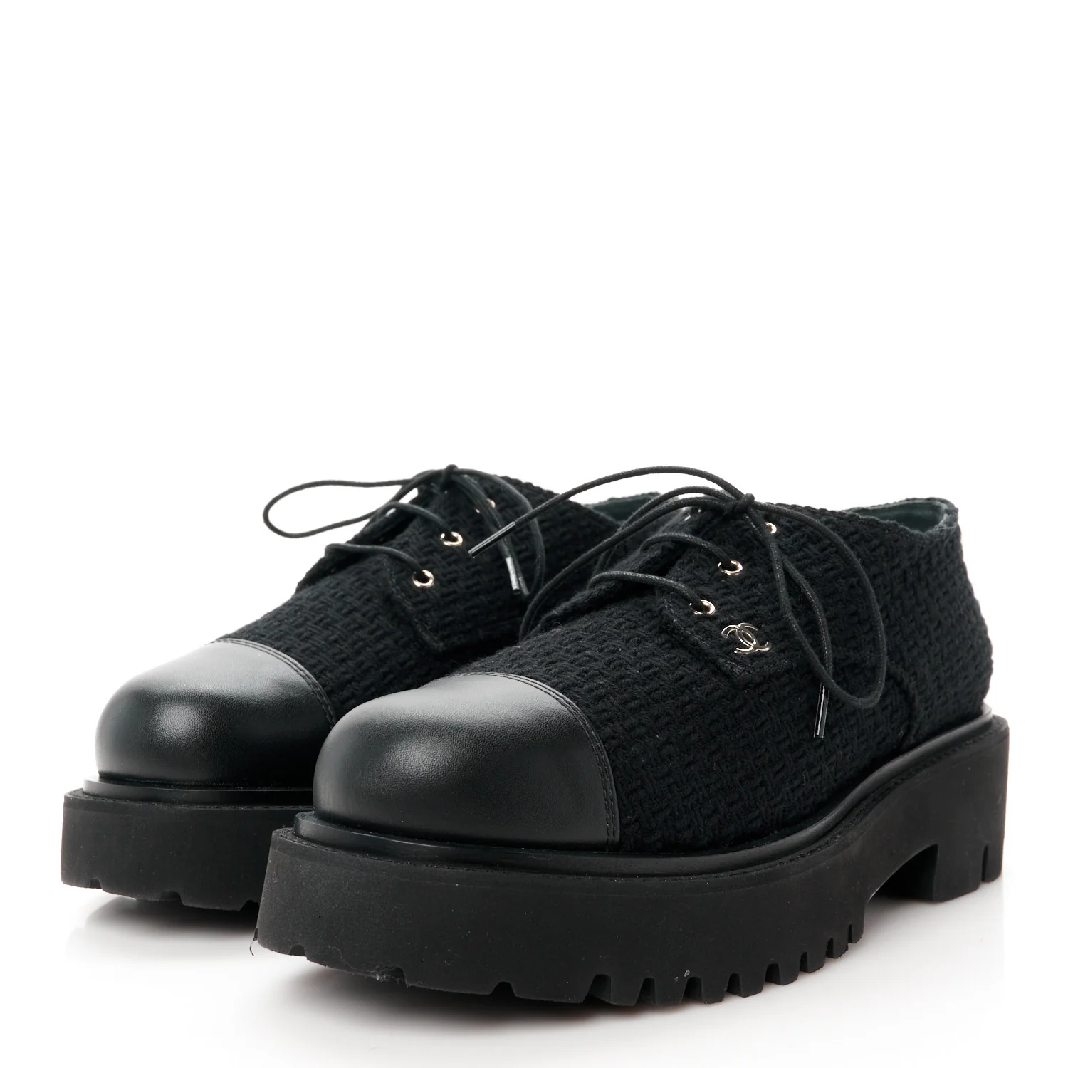 Wool Tweed Calfskin Lace-Up Loafers 38.5 Black - Top Club