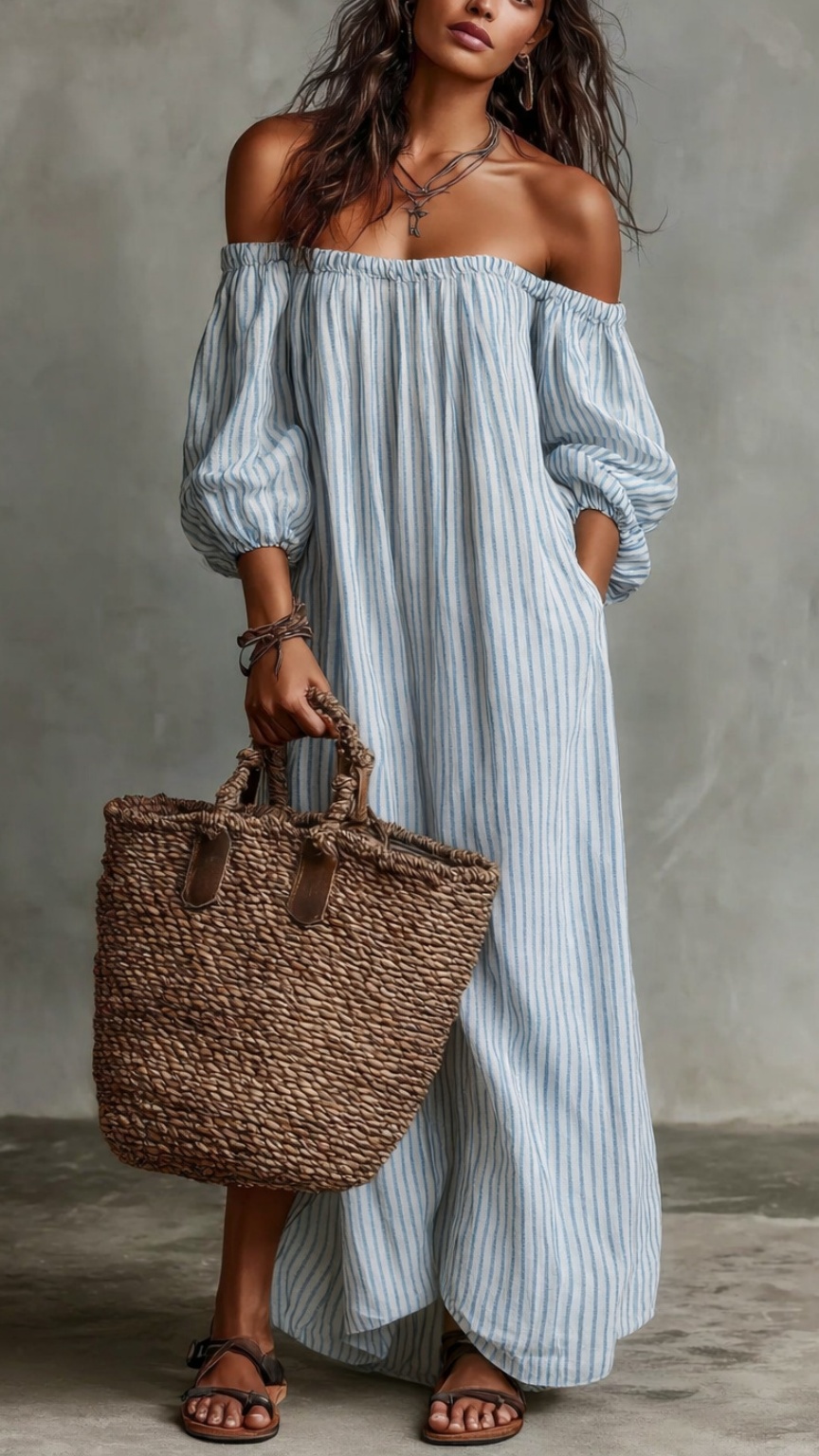Women's Striped Off-Shoulder Cotton-Linen Vacation-Style Dress - Nordfashionstorm - Women's Clothing, Fashion for You - Nordfashionstorm.com
