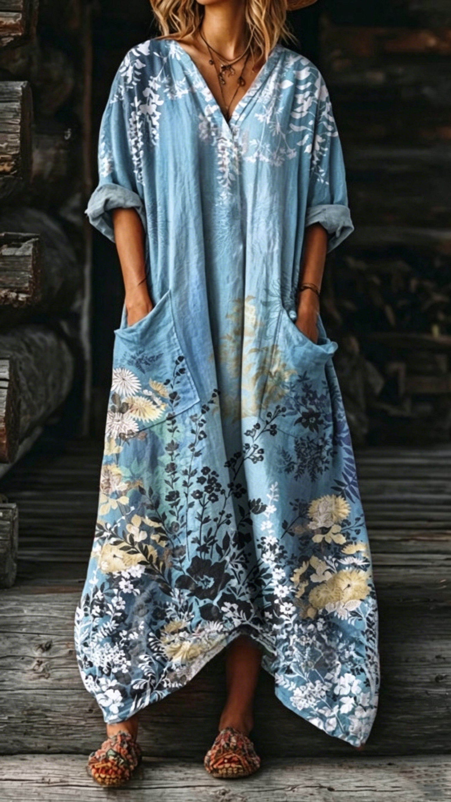 Ladies' vintage floral art pattern printed pocket dress - Nordfashionstorm - Women's Clothing, Fashion for You - Nordfashionstorm.com
