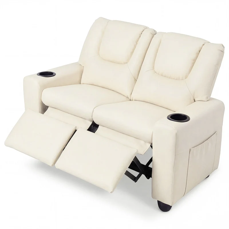 2-Seater Kids Recliner, PU Leather Reclining Loveseat with Cup Holders & 2 Side Storage Pockets, Adjustable Double Toddler Sofa for Boys Girls