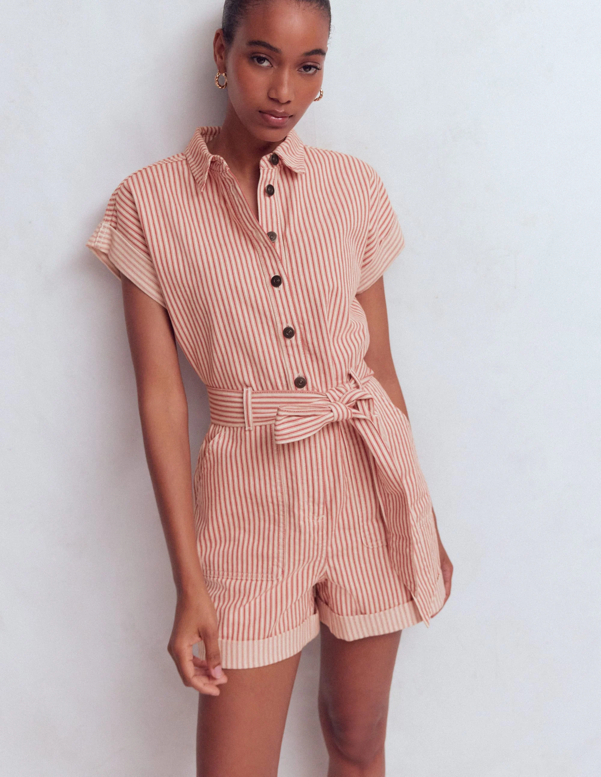 Kay Denim-Jumpsuit-Rot Straßenbahn Streifen