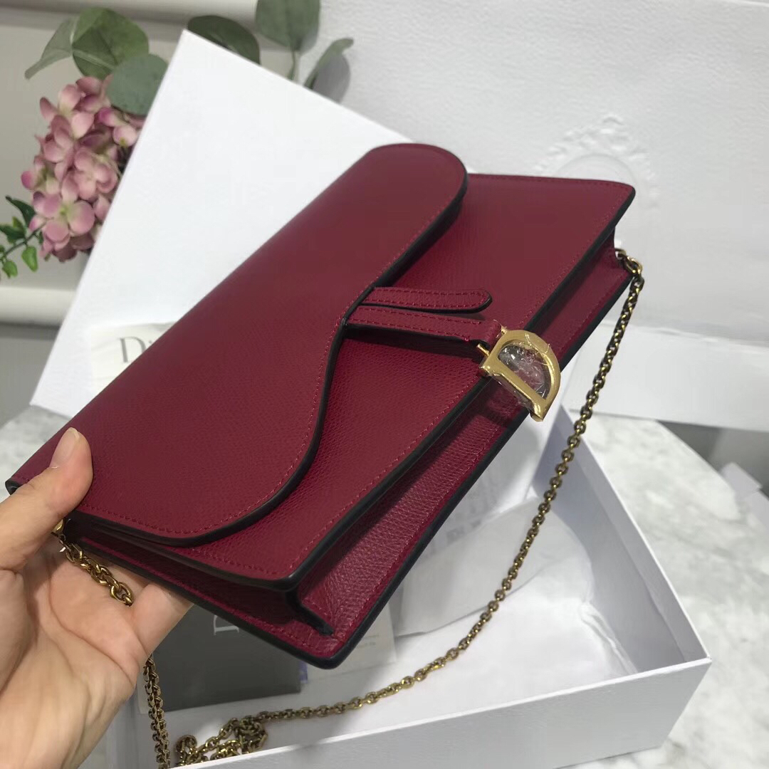 D Bordeaux Calskin Saddle Chain Clutch - Top Club
