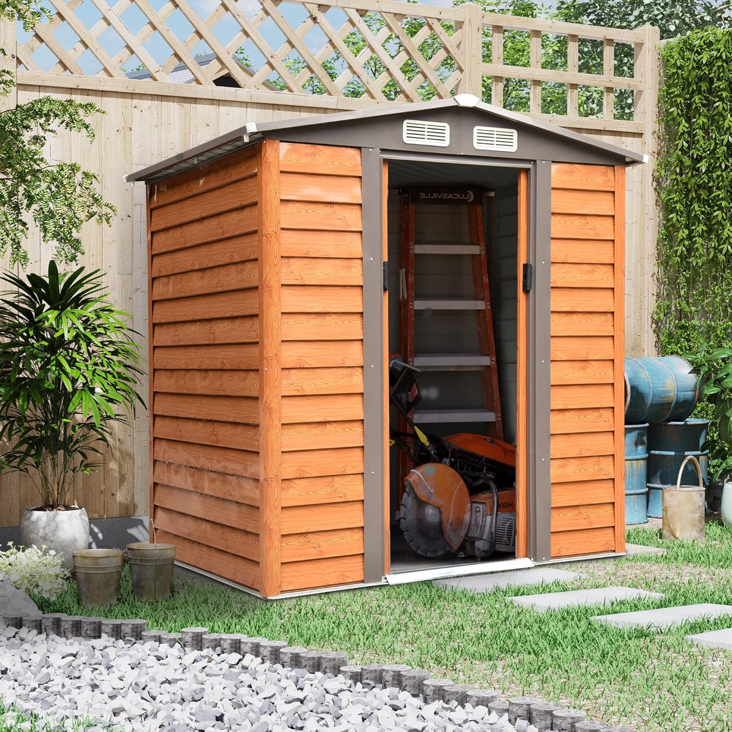 Outsunny Casetta da Giardino Porta Utensili in Acciaio colorato e Polipropilene, Capanno per Attrezzi con con Porte Scorrevoli, 197x163x178-200cm, Marrone