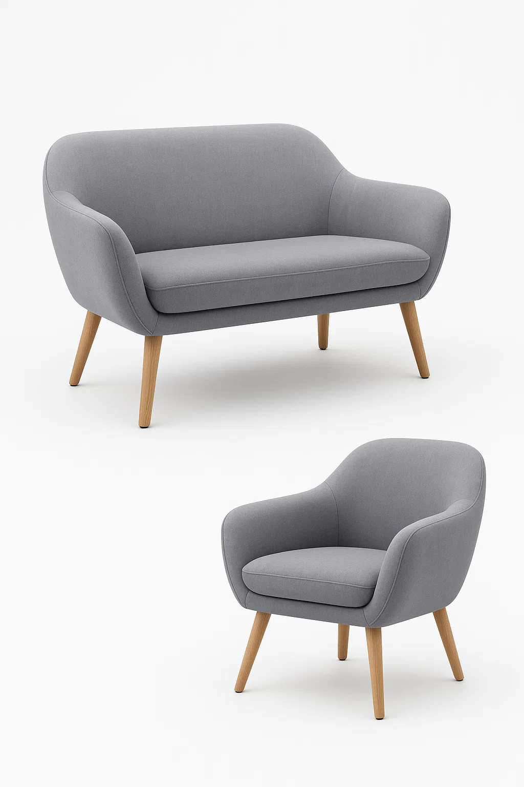 Conjunto sofá y sillón en tejido gris con patas de madera
